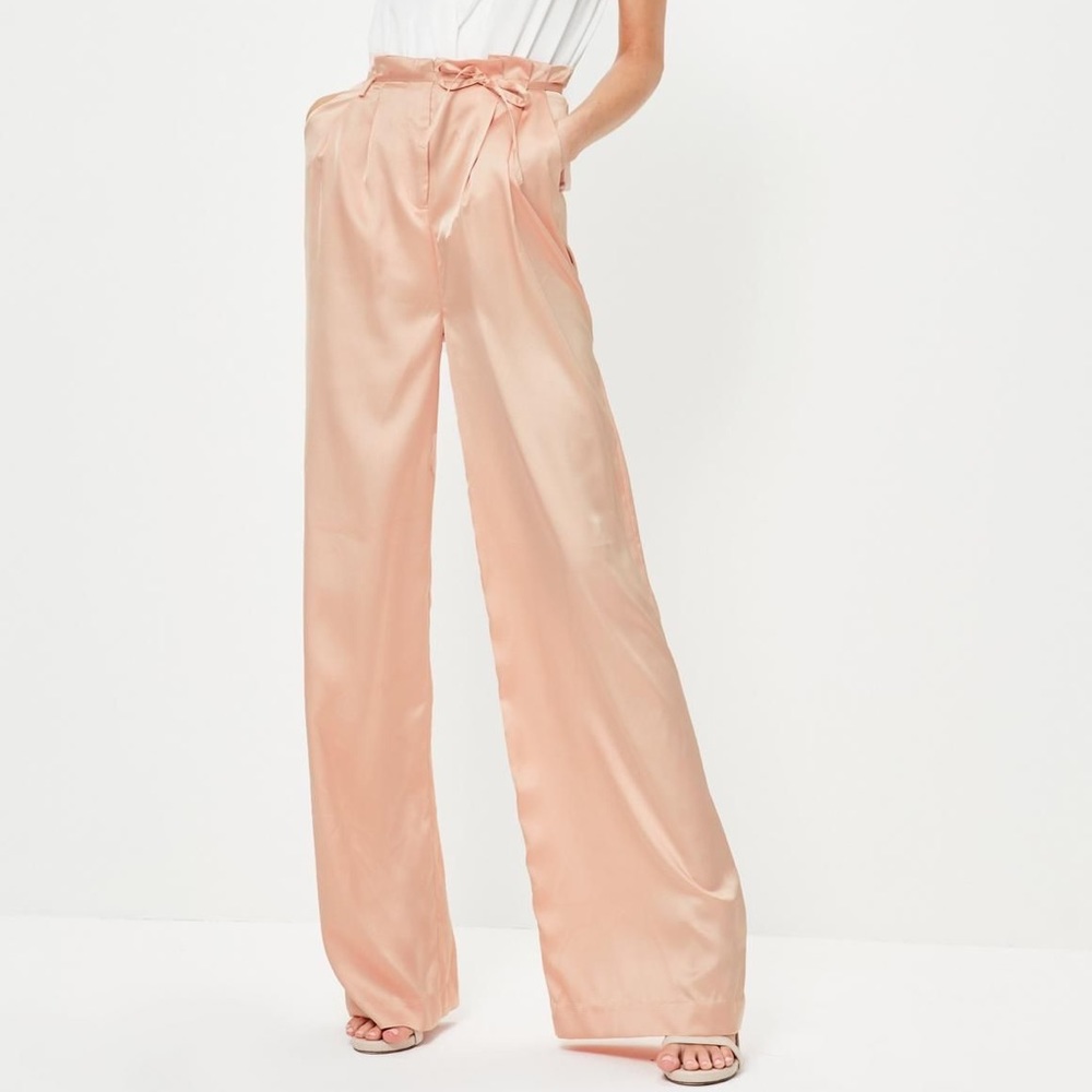 Missguided Pink Satin Wide Leg Pants